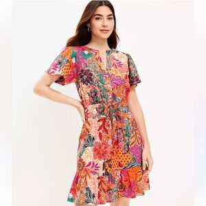 LOFT Petite Patchwork Bloom Smocked Tie Waist Dress